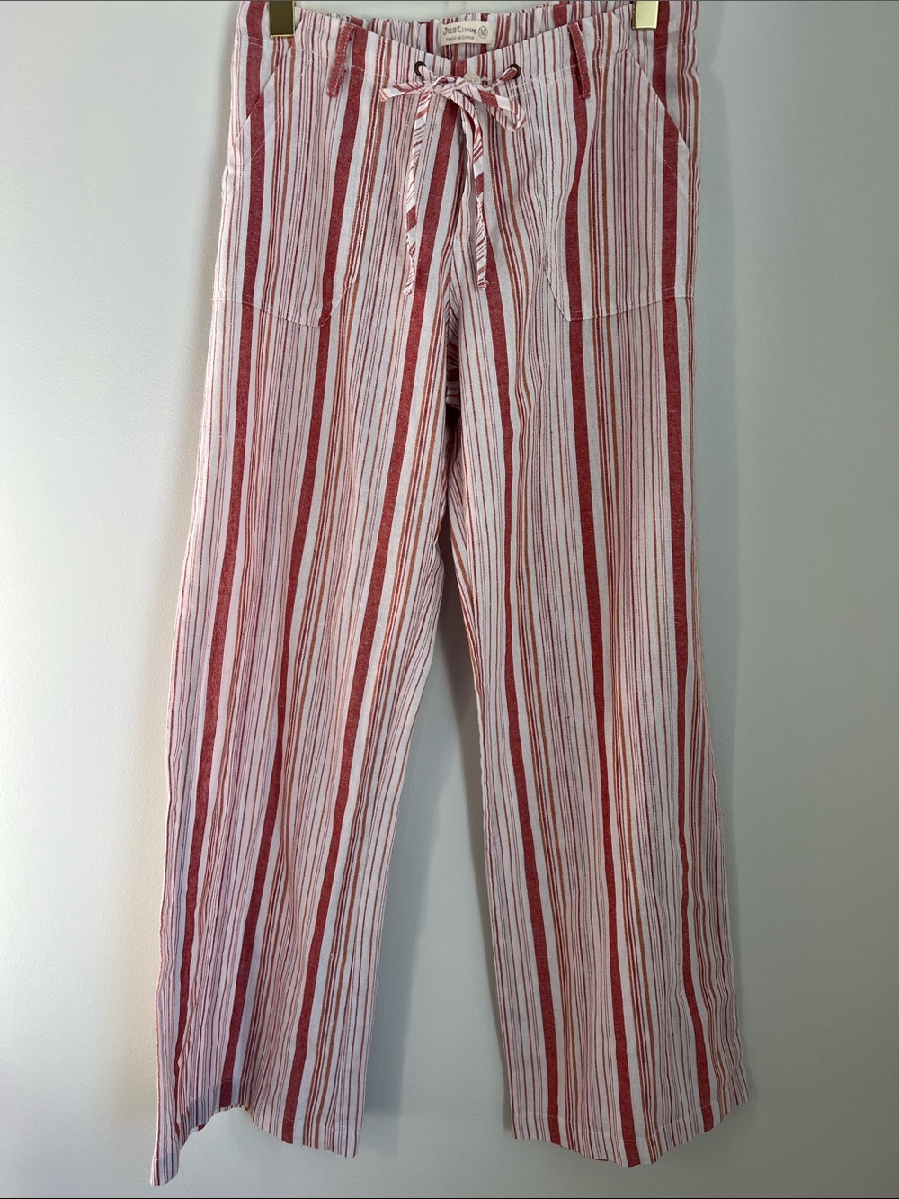 Just Living | Red & Cream Striped Wide-Leg Linen Blend Casual Pants Size M